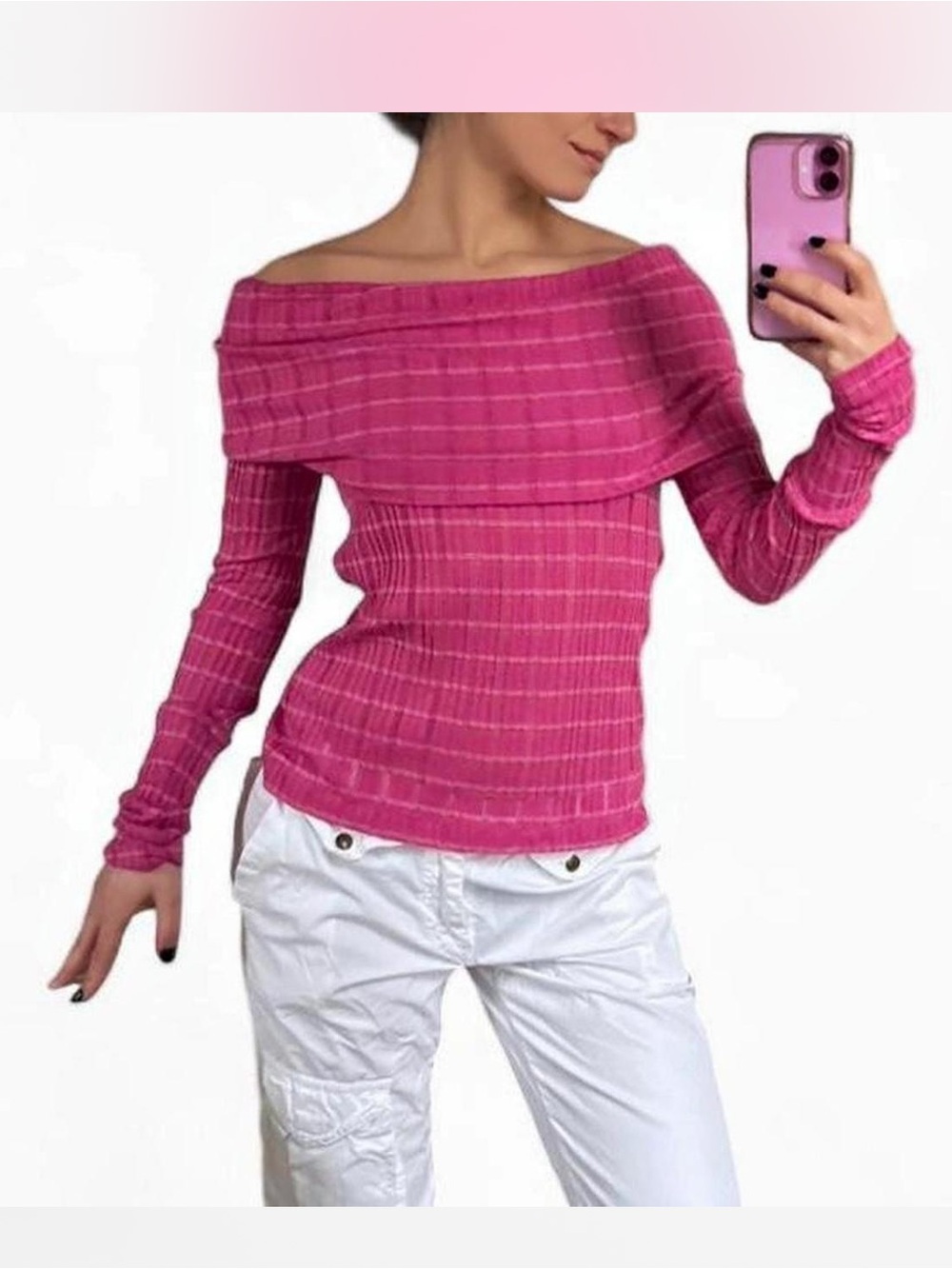 Free People Off-Shoulder Ribbed Long Sleeve Top - Pink